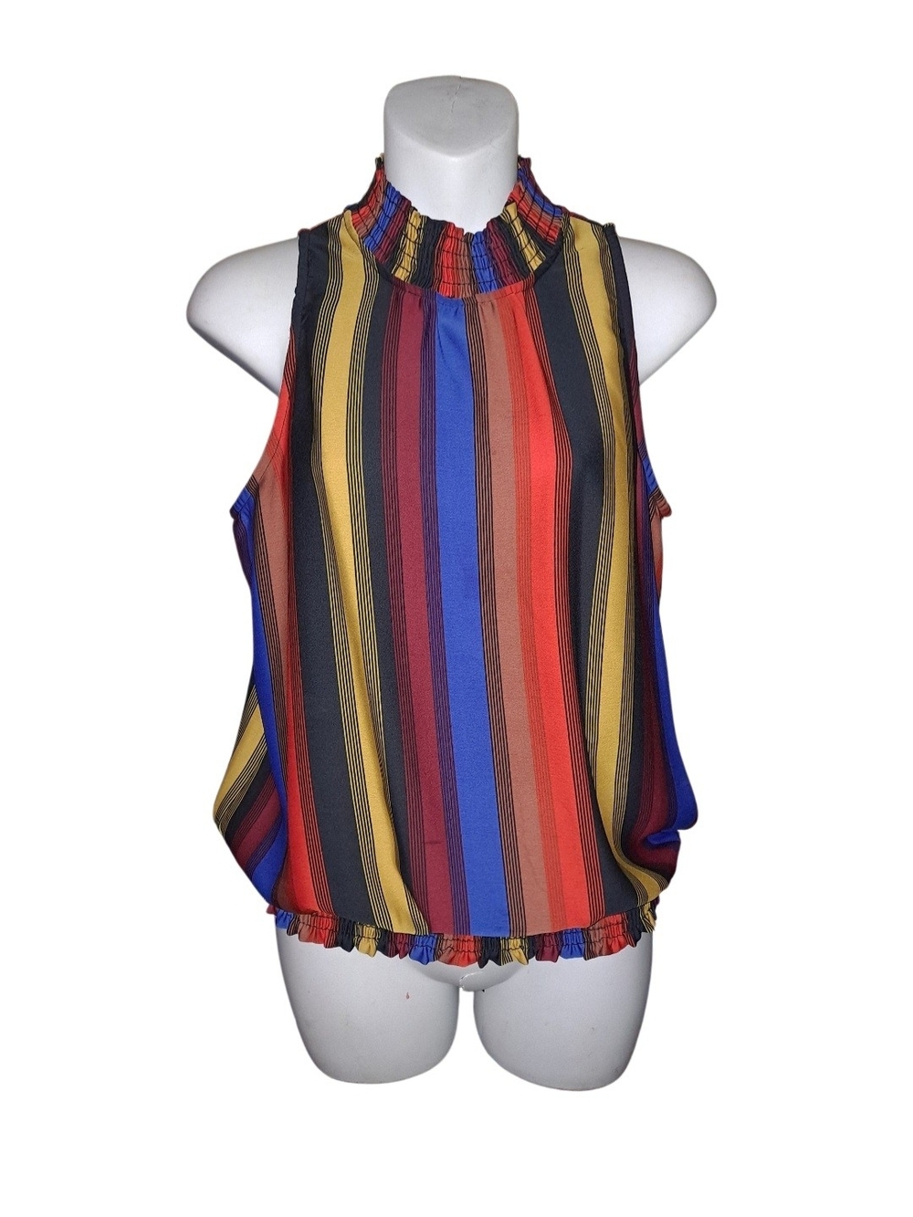 Sleeveless Multi-Color Striped Mock Neck Top
